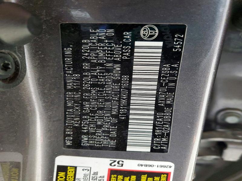 2019 Toyota Camry მანქანა იყიდება აუქციონზე, vin: 4T1B11HK4KU716098, აუქციონის ნომერი: 56999486