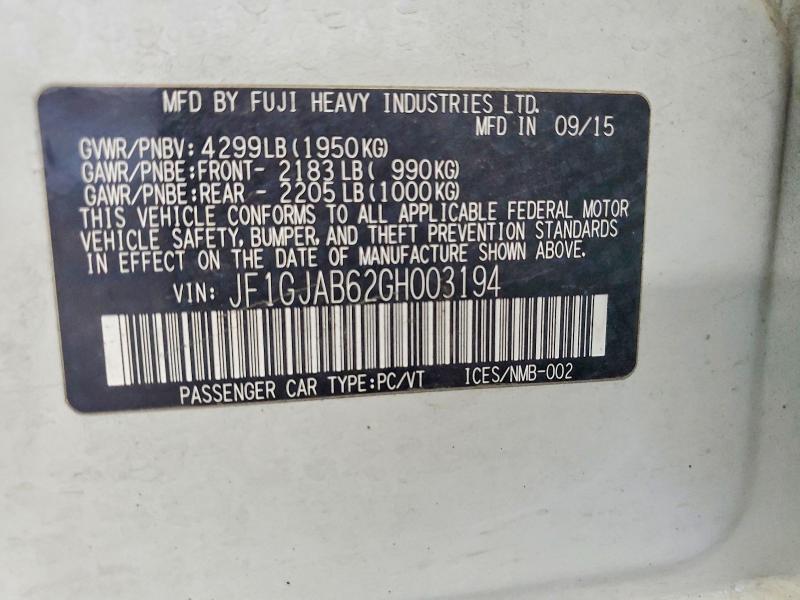 2016 Subaru Impreza მანქანა იყიდება აუქციონზე, vin: JF1GJAB62GH003194, აუქციონის ნომერი: 56055476