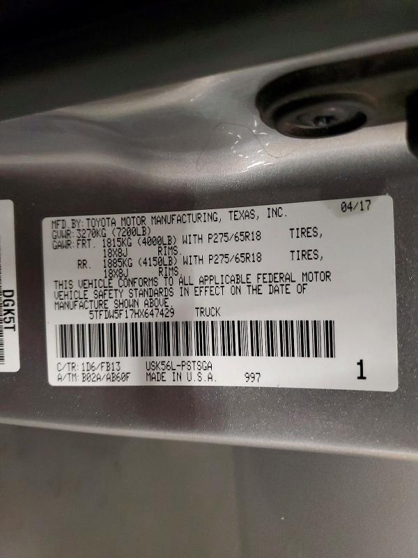 Продаж на аукціоні авто 2017 Toyota Tundra, vin: 5TFDW5F17HX647429, номер лоту: 55589246