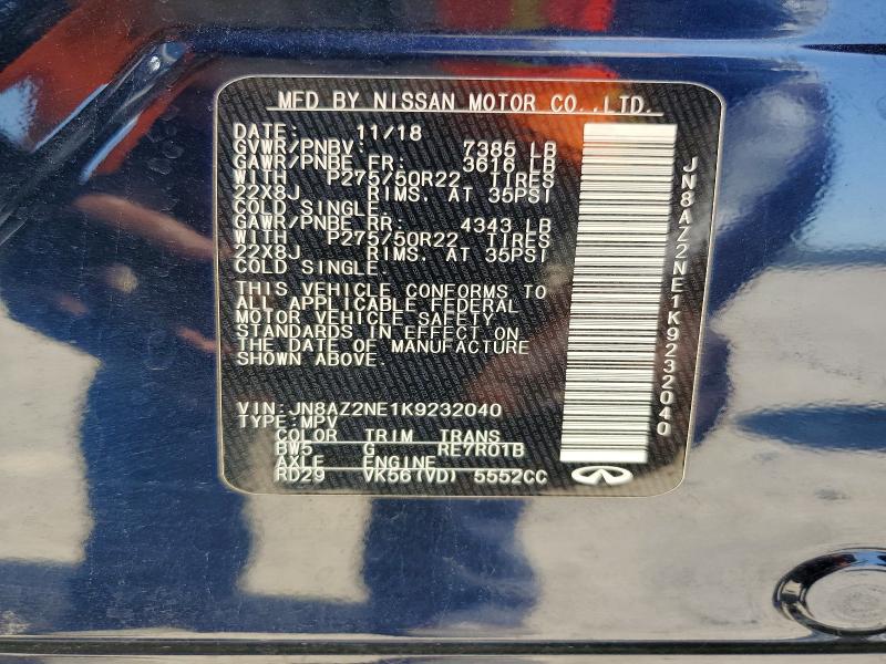 58831006 :رقم المزاد ، JN8AZ2NE1K9232040 vin ، 2019 Infiniti Qx80 مزاد بيع