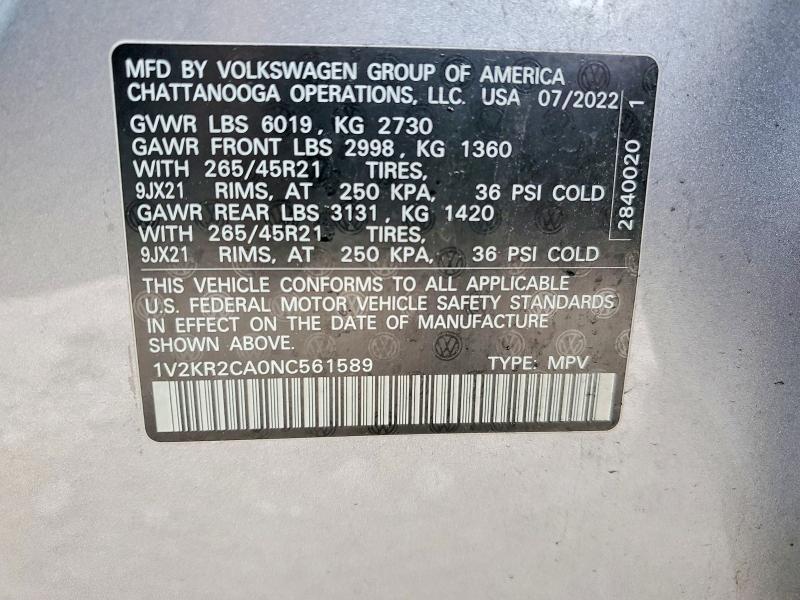 Aukcja sprzedaży 2022 Volkswagen Atlas, vin: 1V2KR2CA0NC561589, numer aukcji: 54608736