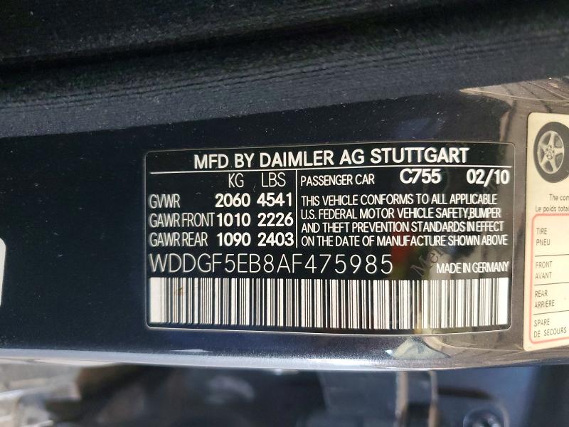 Aukcja sprzedaży 2010 Mercedes-benz C, vin: WDDGF5EB8AF475985, numer aukcji: 58509516
