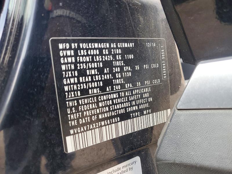 2015 Volkswagen Tiguan მანქანა იყიდება აუქციონზე, vin: WVGAV7AX2FW561859, აუქციონის ნომერი: 58972736