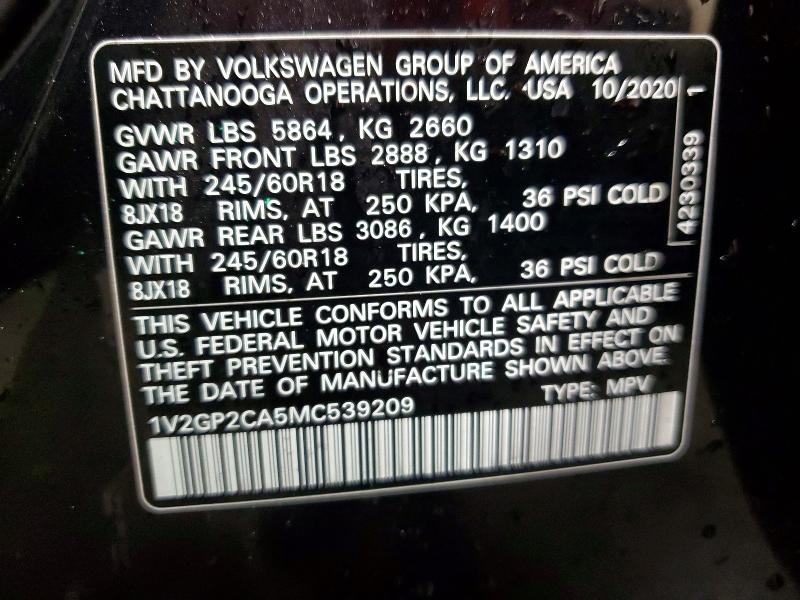 Продажа на аукционе авто 2021 Volkswagen Atlas, vin: 1V2GP2CA5MC539209, номер лота: 55208376