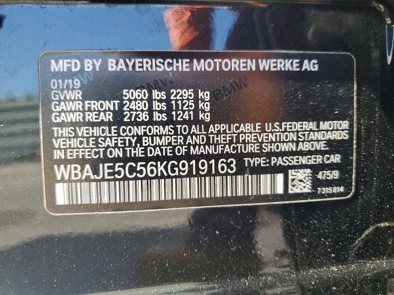 2019 Bmw 540 მანქანა იყიდება აუქციონზე, vin: WBAJE5C56KG919163, აუქციონის ნომერი: 58294136