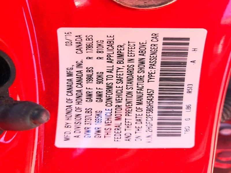 Продаж на аукціоні авто 2016 Honda Civic, vin: 2HGFC2F58GH543457, номер лоту: 55981056
