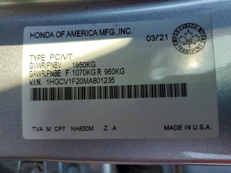 Продажа на аукционе авто 2021 Honda Accord, vin: 1HGCV1F20MA801235, номер лота: 59100276