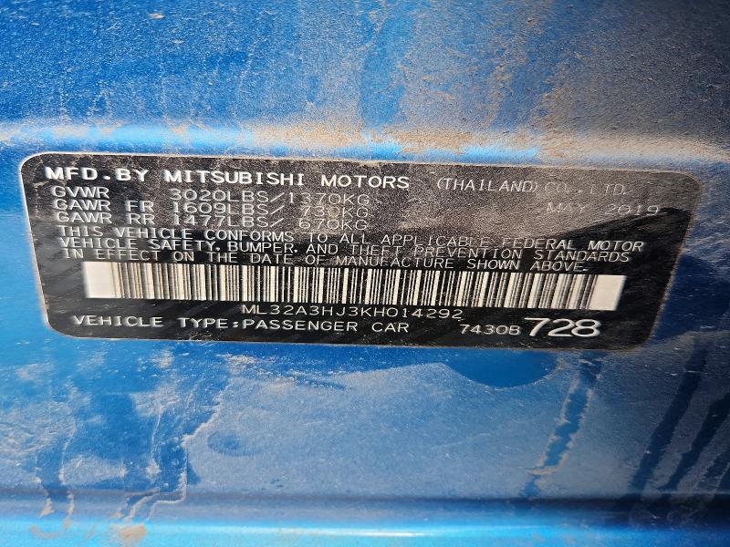 2019 Mitsubishi Mirage მანქანა იყიდება აუქციონზე, vin: ML32A3HJ3KH014292, აუქციონის ნომერი: 58008126