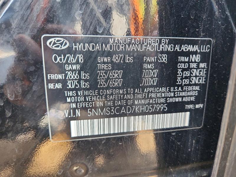 58067066 :رقم المزاد ، 5NMS3CAD7KH057995 vin ، 2019 Hyundai Santa Fe مزاد بيع