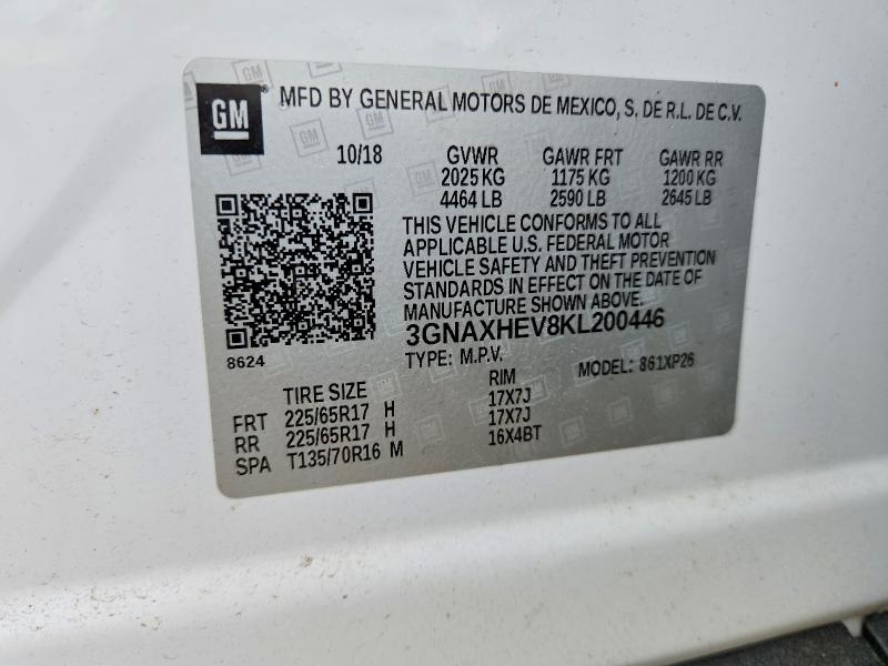 2019 Chevrolet Equinox მანქანა იყიდება აუქციონზე, vin: 3GNAXHEV8KL200446, აუქციონის ნომერი: 56462316