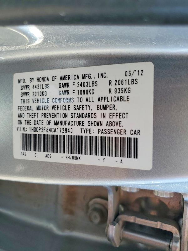 Aukcja sprzedaży 2012 Honda Accord, vin: 1HGCP2F84CA172940, numer aukcji: 57958466
