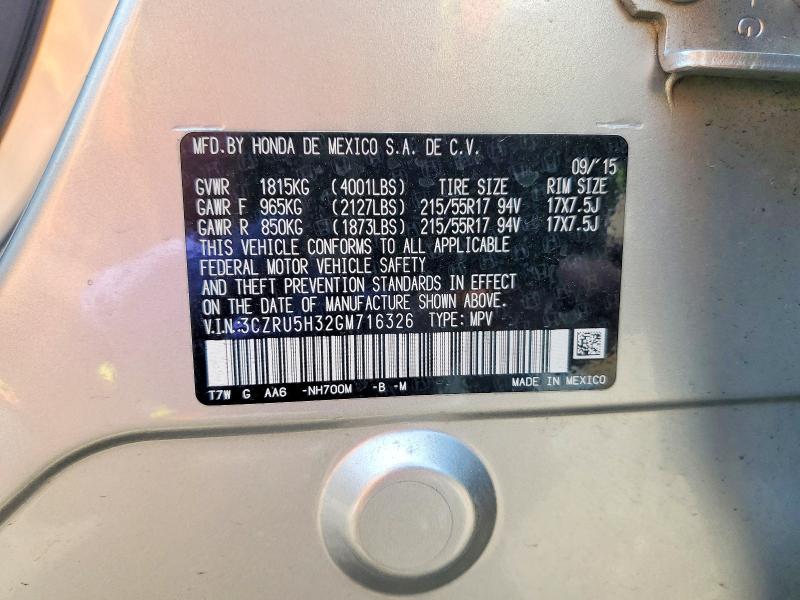 59066166 :رقم المزاد ، 3CZRU5H32GM716326 vin ، 2016 Honda Hr-v مزاد بيع