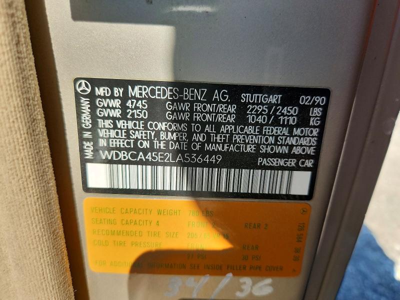 Продажа на аукционе авто 1990 Mercedes-benz 560, vin: WDBCA45E2LA536449, номер лота: 58105166