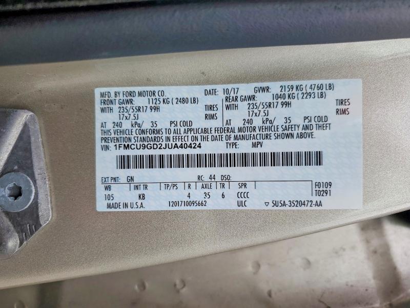 57211526 :رقم المزاد ، 1FMCU9GD2JUA40424 vin ، 2018 Ford Escape مزاد بيع