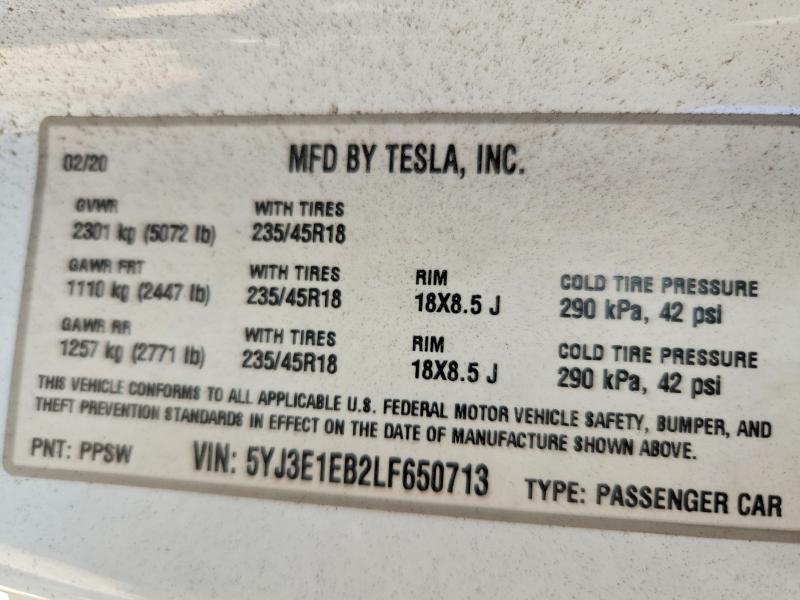 Продаж на аукціоні авто 2020 Tesla Model 3, vin: 5YJ3E1EB2LF650713, номер лоту: 59164236