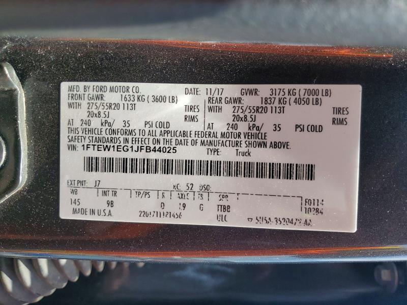 2018 Ford F150 მანქანა იყიდება აუქციონზე, vin: 1FTEW1EG1JFB44025, აუქციონის ნომერი: 58738076