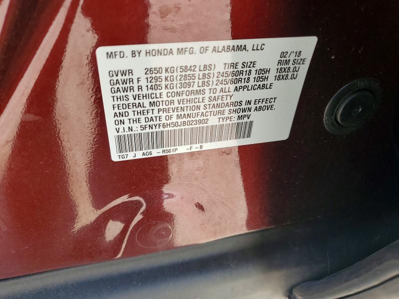 58714766 :رقم المزاد ، 5FNYF6H50JB023902 vin ، 2018 Honda Pilot مزاد بيع