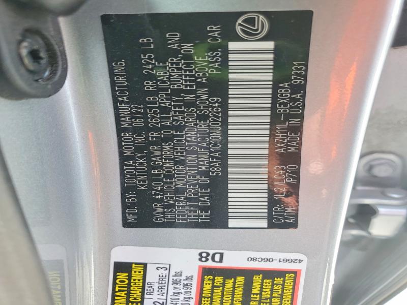 Aukcja sprzedaży 2022 Lexus Es 300h, vin: 58AFA1C10NU022649, numer aukcji: 59090326