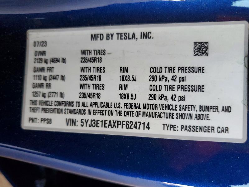 57905136 :رقم المزاد ، 5YJ3E1EAXPF624714 vin ، 2023 Tesla Model 3 مزاد بيع