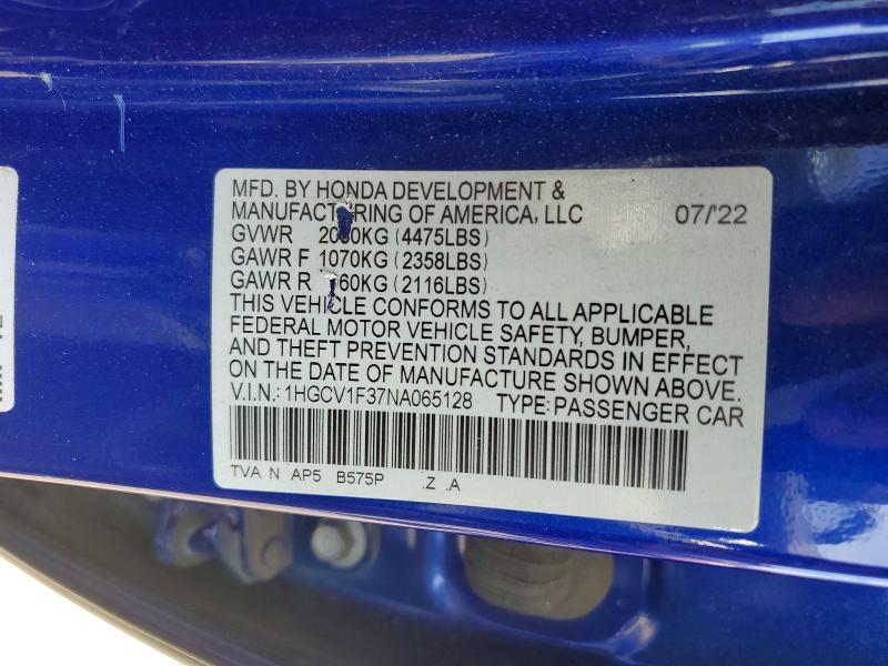 Продажа на аукционе авто 2022 Honda Accord, vin: 1HGCV1F37NA065128, номер лота: 58291736