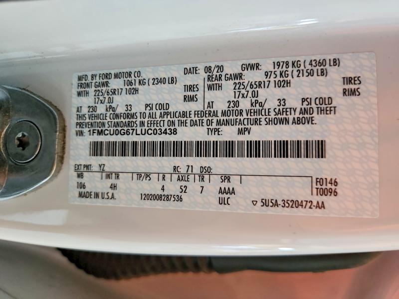 2020 Ford Escape მანქანა იყიდება აუქციონზე, vin: 1FMCU0G67LUC03438, აუქციონის ნომერი: 55068326