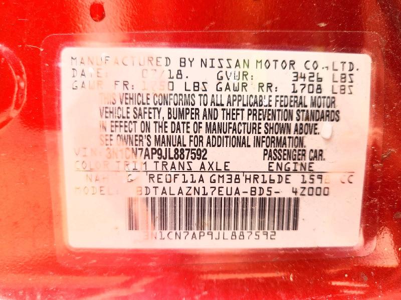 2018 Nissan Versa მანქანა იყიდება აუქციონზე, vin: 3N1CN7AP9JL887592, აუქციონის ნომერი: 58396496