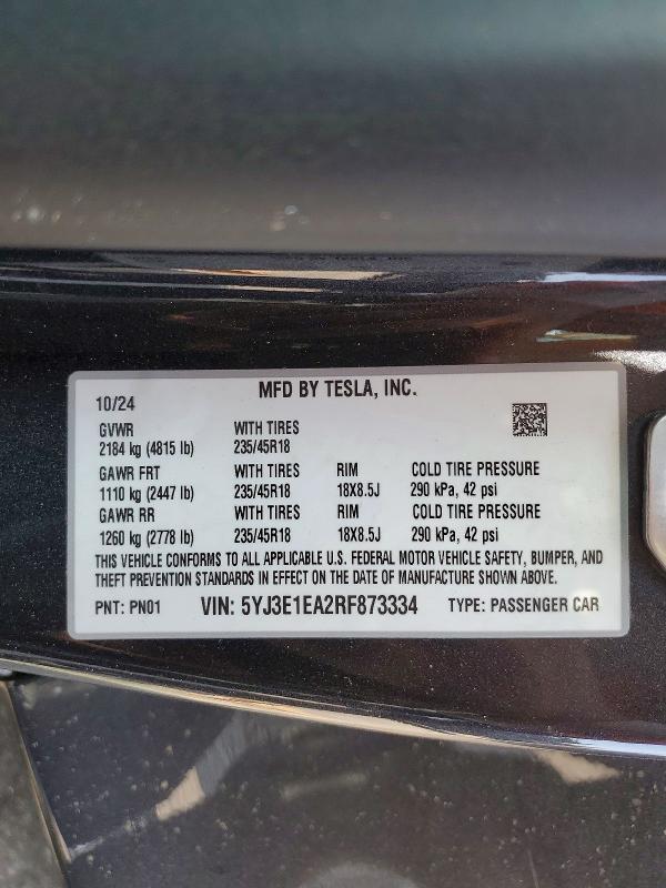 Aukcja sprzedaży 2024 Tesla Model 3, vin: 5YJ3E1EA2RF873334, numer aukcji: 85992335