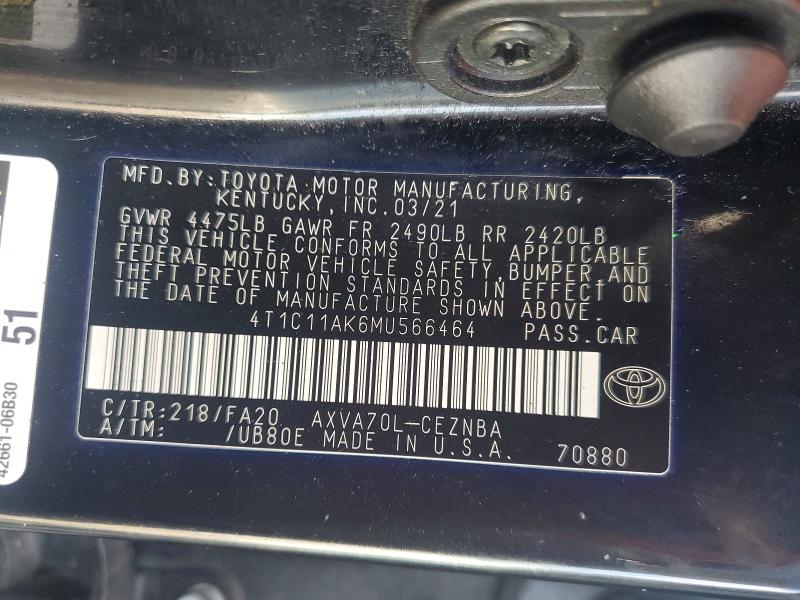Продажа на аукционе авто 2021 Toyota Camry, vin: 4T1C11AK6MU566464, номер лота: 58751396