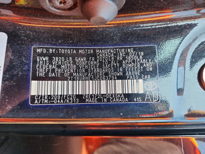 58188026 :رقم المزاد ، 2T1BURHE1JC063794 vin ، 2018 Toyota Corolla مزاد بيع