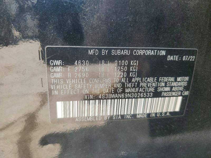 58585026 :رقم المزاد ، 4S3BWAN69N3026533 vin ، 2022 Subaru Legacy مزاد بيع