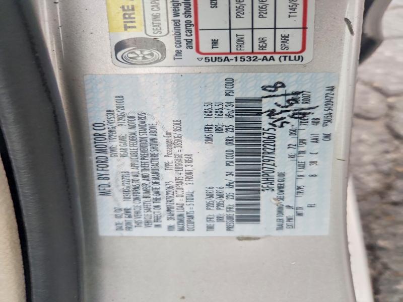 2007 Ford Fusion მანქანა იყიდება აუქციონზე, vin: 3FAHP07Z97R220675, აუქციონის ნომერი: 57418326