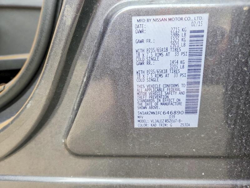 2015 Nissan Pathfinder მანქანა იყიდება აუქციონზე, vin: 5N1AR2MN1FC646890, აუქციონის ნომერი: 56533566