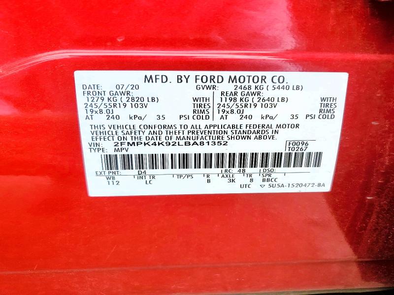 2020 Ford Edge მანქანა იყიდება აუქციონზე, vin: 2FMPK4K92LBA81352, აუქციონის ნომერი: 56142526