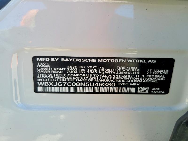 Aukcja sprzedaży 2022 Bmw X1, vin: WBXJG7C08N5U49380, numer aukcji: 58810866