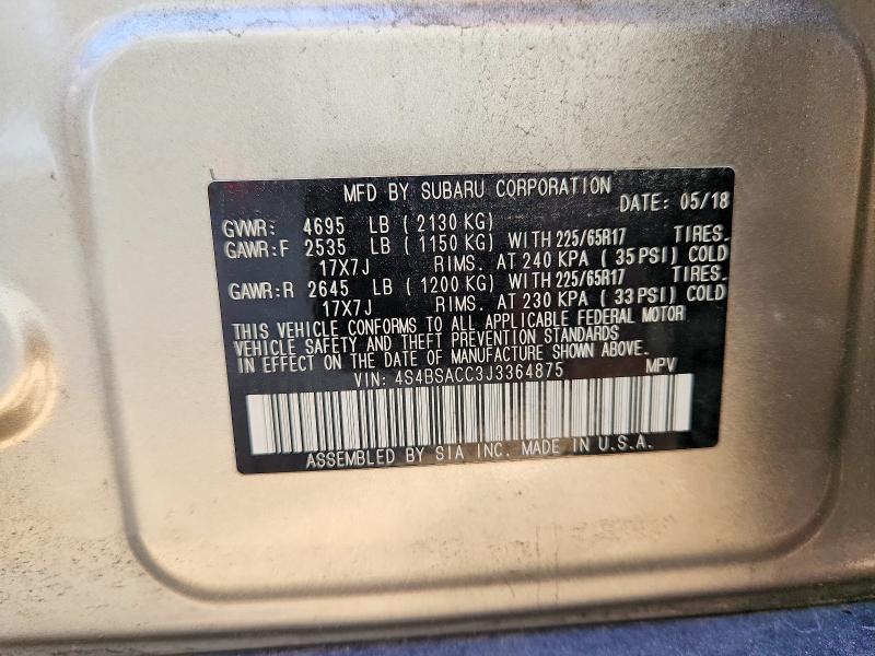 Aukcja sprzedaży 2018 Subaru Outback, vin: 4S4BSACC3J3364875, numer aukcji: 56565266