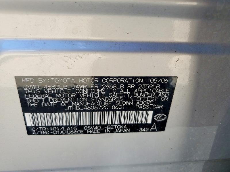 57729736 :رقم المزاد ، JTHBJ46G672018601 vin ، 2007 Lexus Es مزاد بيع
