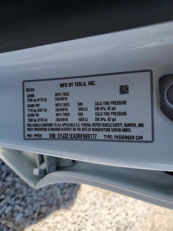 56496276 :رقم المزاد ، 5YJ3E1EA3RF869177 vin ، 2024 Tesla Model 3 مزاد بيع