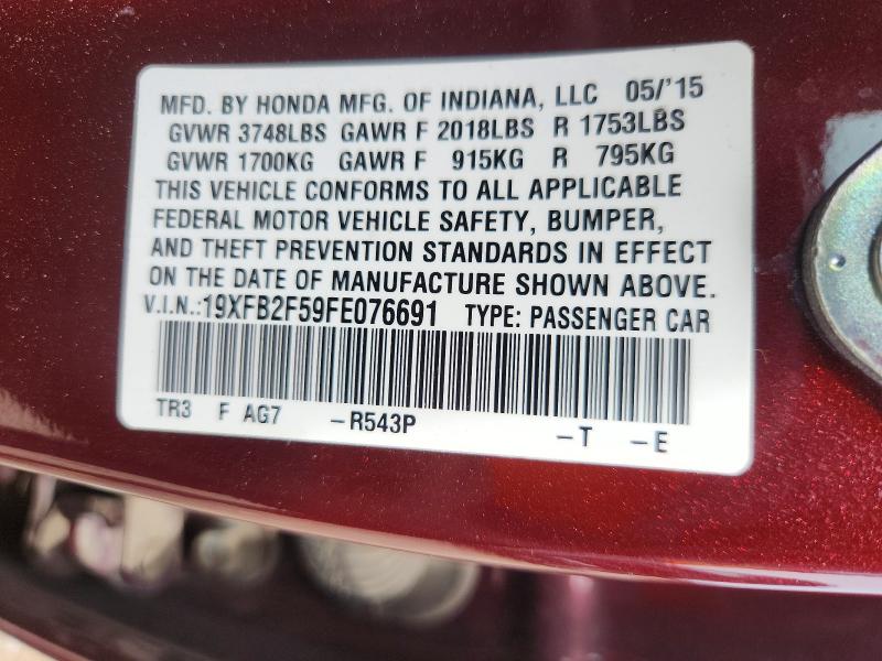 2015 Honda Civic მანქანა იყიდება აუქციონზე, vin: 19XFB2F59FE076691, აუქციონის ნომერი: 57480176