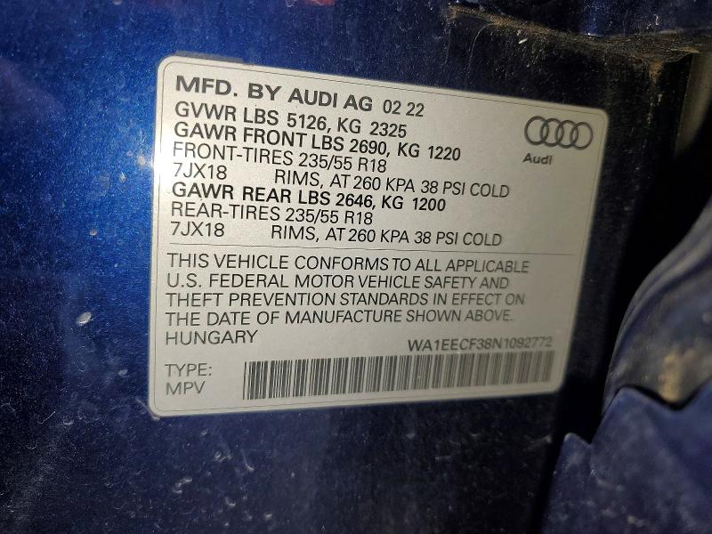 Продажа на аукционе авто 2022 Audi Q3, vin: WA1EECF38N1092772, номер лота: 57704306
