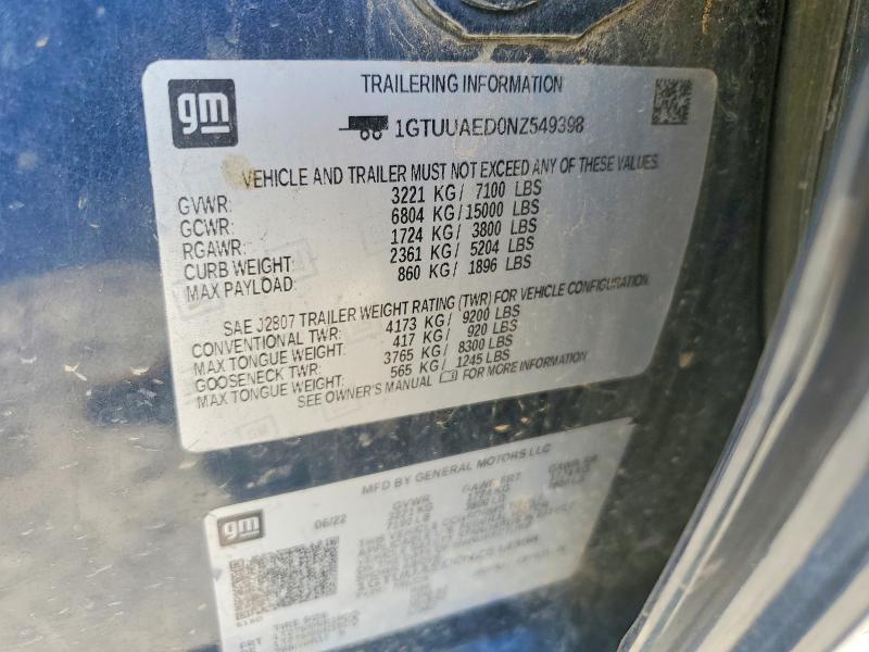 Aukcja sprzedaży 2022 Gmc Sierra, vin: 1GTUUAED0NZ549398, numer aukcji: 55283936