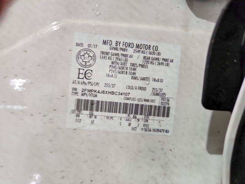 2017 Ford Edge მანქანა იყიდება აუქციონზე, vin: 2FMPK4J8XHBC34107, აუქციონის ნომერი: 55932246