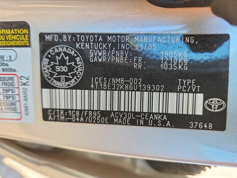 58846786 :رقم المزاد ، 4T1BE32K86U139302 vin ، 2006 Toyota Camry مزاد بيع