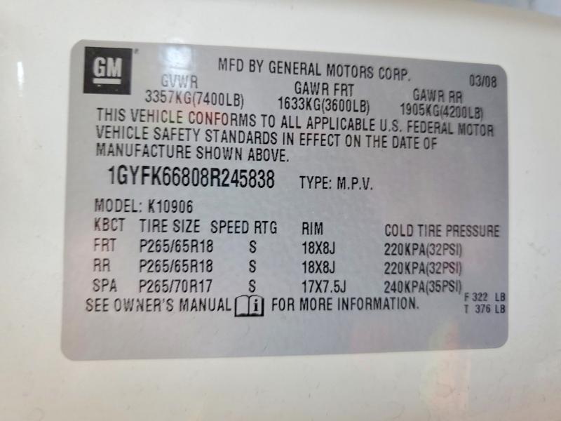 Aukcja sprzedaży 2008 Cadillac Escalade, vin: 1GYFK66808R245838, numer aukcji: 57879546