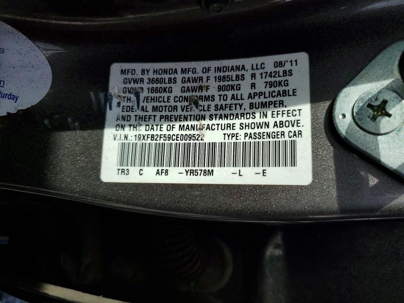 Продаж на аукціоні авто 2012 Honda Civic, vin: 19XFB2F59CE009522, номер лоту: 57200316