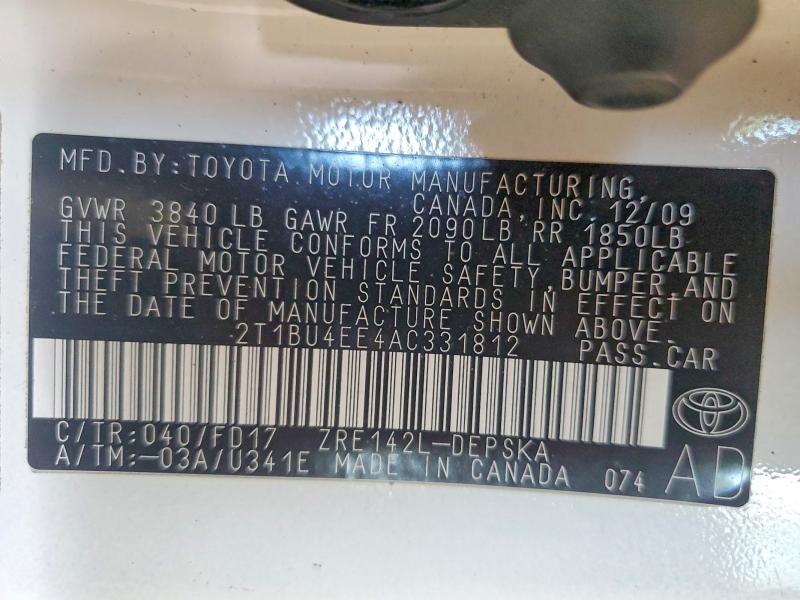 Aukcja sprzedaży 2010 Toyota Corolla, vin: 2T1BU4EE4AC331812, numer aukcji: 56660726