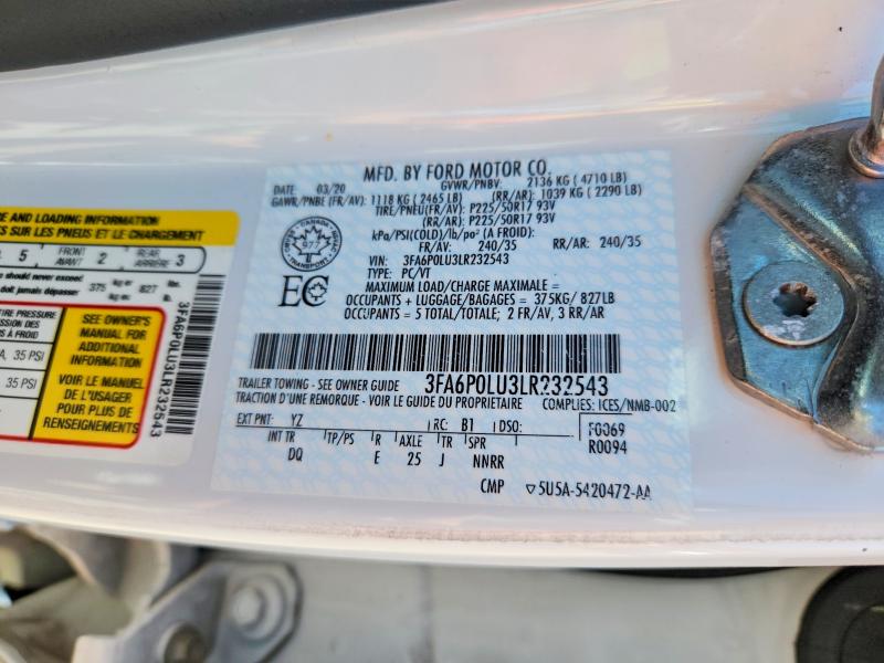 2020 Ford Fusion მანქანა იყიდება აუქციონზე, vin: 3FA6P0LU3LR232543, აუქციონის ნომერი: 55394706