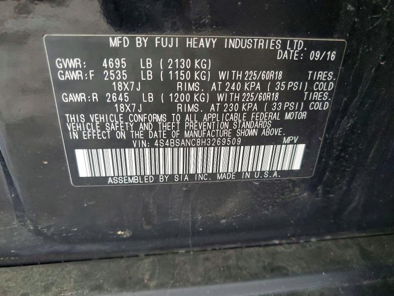 2017 Subaru Outback მანქანა იყიდება აუქციონზე, vin: 4S4BSANC8H3269509, აუქციონის ნომერი: 56582856