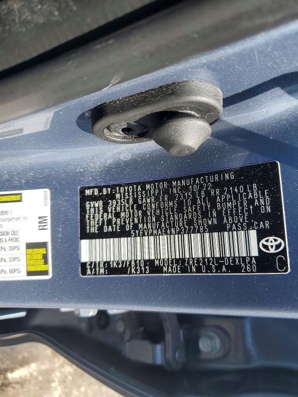 Продажа на аукционе авто 2022 Toyota Corolla, vin: 5YFVPMAE4NP377785, номер лота: 57196926