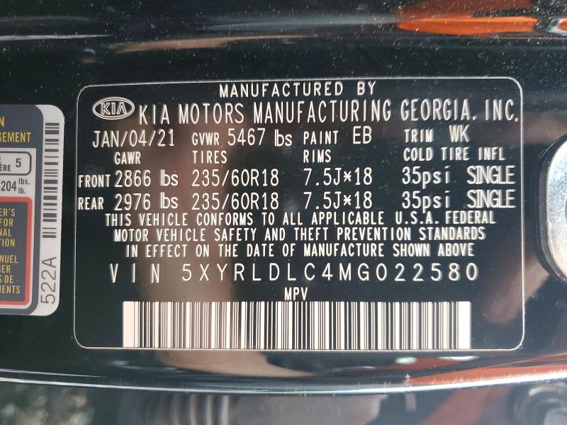 55302136 :رقم المزاد ، 5XYRLDLC4MG022580 vin ، 2021 Kia Sorento مزاد بيع