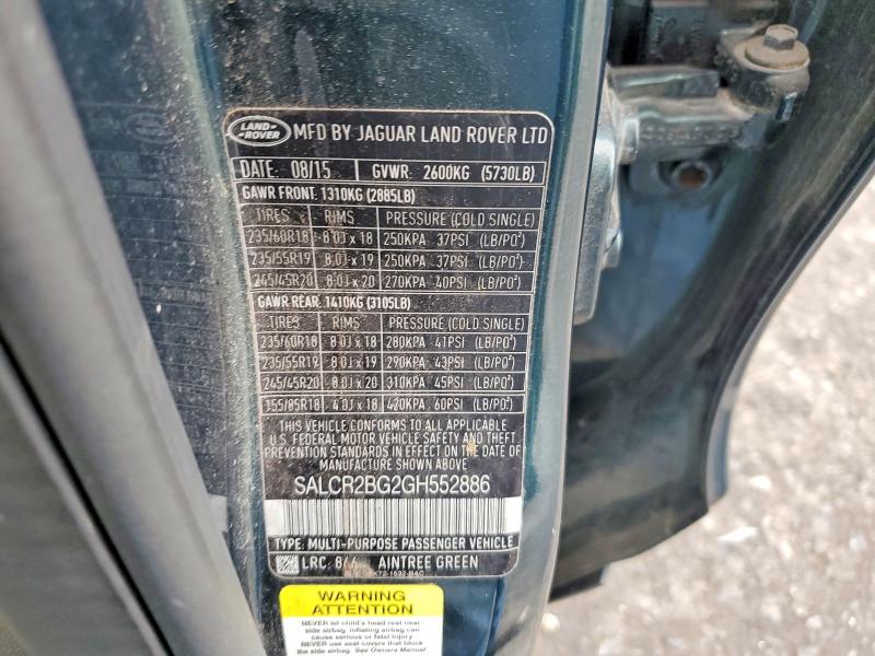 Продаж на аукціоні авто 2016 Land Rover Discovery Sport, vin: SALCR2BG2GH552886, номер лоту: 58727546